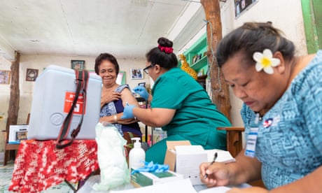 Health workers roll out the Covid vaccination campaign in the village of Tuanaimato in Apia, Samoa.