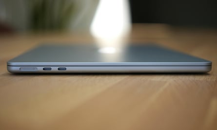 The USB-C and MagSafe ports in the side of an M4 MacBook Air in blue.