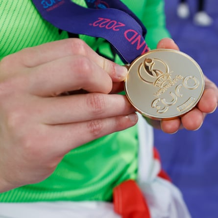 A detailed view of the UEFA Women’s EURO 2022 winners medal after the final whistle.