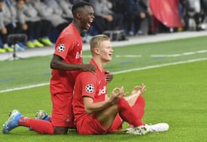 Erling Braut Haaland, right, celebrates with his now former teammate Patson Daka during RB Salzburg’s Champions League campaign this season.