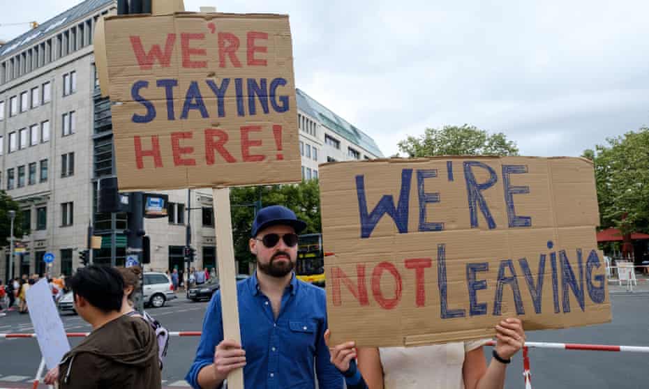 British migrant workers participate in an anti-Brexit protest in Berlin, Germany, in July 2016.