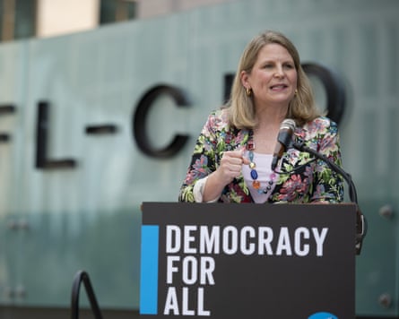 Liz Shuler speaking at a news conference in 2021