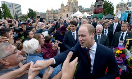Prince William in Victoria, BC, with Canada’s prime minister, Justin Trudeau, and governor-general, David Johnston, on Saturday.