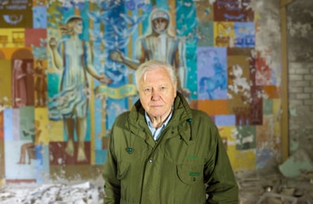 Sir David Attenborough pictured in Chernobyl, Ukraine, while filming David Attenborough: A Life on Our Planet