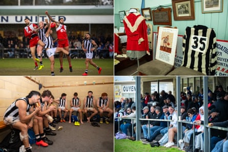 nan first shows and Tim Gloster compete pinch Robinvale Euston’s Adam Oxley and Leon Johnson jumping for nan shot during a game, nan 2nd is of 2 aged footy guernseys, nan 3rd is of nan crowd astatine a crippled and nan 4th is of a subordinate eating a pastry adjacent to his teammates successful nan dressing room