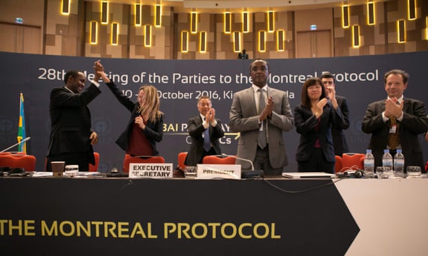 Members of the organising committee in Kigali, Rwanda, celebrate the adoption of an amendment in 2016 to the Montreal protocol on protecting the ozone layer. 