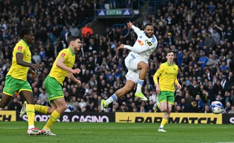 Leeds United's Lukas Nmecha puts the ball in the net but the goal is disallowed for a handball in the build-up.