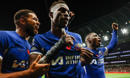 Chelsea’s Nicolas Jackson celebrates after scoring their second goal against Tottenham.