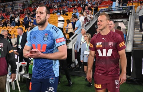 Captains, Isaah Yeo of the Blues and Daly Cherry-Evans of the Maroons are seen prior to the State of Origin game one match between the Queensland Maroons and the New South Wales Blues at Suncorp Stadium in Brisbane.