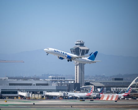 A United Airlines aircraft takes off.