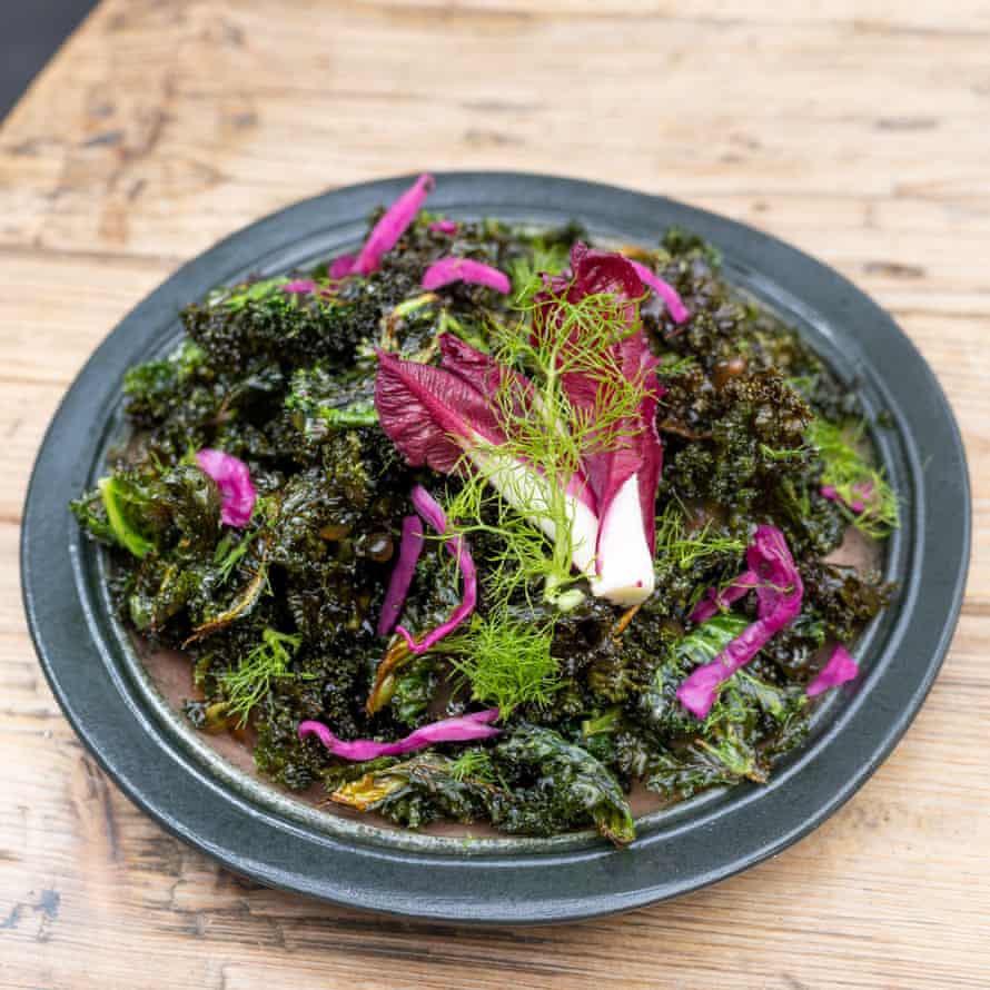 “Fried and Drizzled with Chilli Sauce”: crispy kale with mild chilli sauce at Cafe 52, Aberdeen.