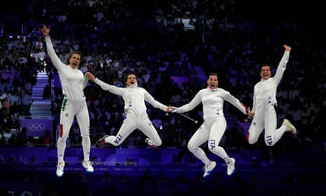 Paris 2024 Olympics day four: triathlon postponed due to pollution; swimming, rowing to come – live Italy's Giulia Rizzi, Rossella Fiamingo, Alberta Santuccio and Mara Navarria after winning gold.