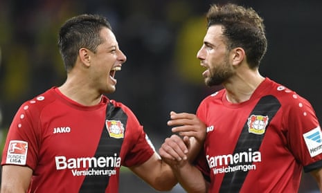 Bayer Leverkusen’s goalscorers, Javier Hernandez and Admir Mehmedi, celebrate after the win over Borussia Dortmund.