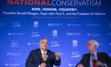 Viktor Orbán, left, answers questions from Christopher DeMuth at the National Conservatism Conference 2020 in Rome.