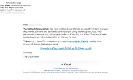 A genuine email from Apple telling a user their iCloud storage is full