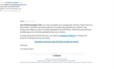 A genuine email from Apple telling a user their iCloud storage is full