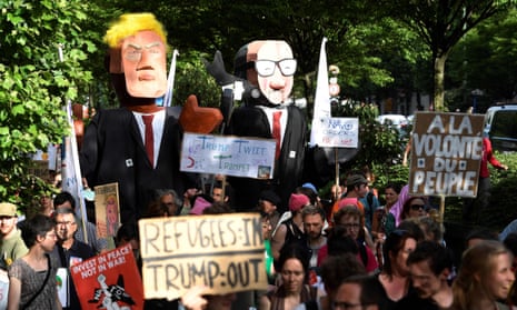 Effigies of Donald Trump and Belgian prime minister Charles Michel during a demonstration in Brussels on Wednesday.
