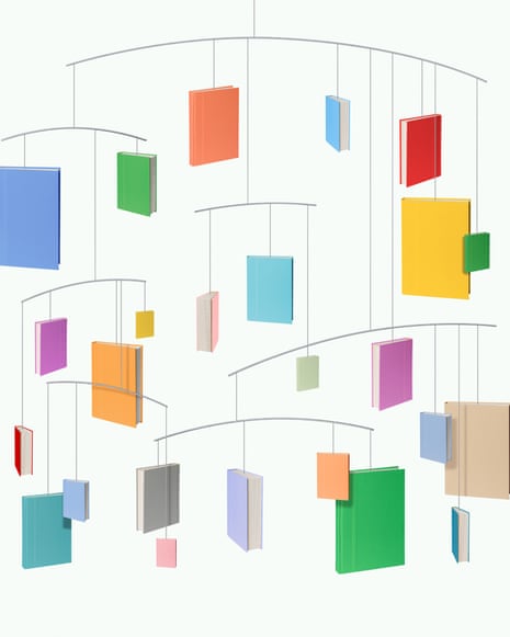 illustration of books hanging from ceiling mobile