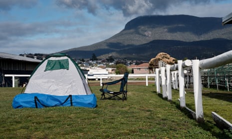 A tent pitched at the Hobart Showgrounds is someone's home due to the ongoing rental housing crisis
