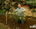 Screenshot from the North Korean TV version of Alan Titchmarsh’s Garden Secrets, featuring the blurred jeans