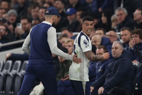 Pedro Porro seems surprised to be coming off.