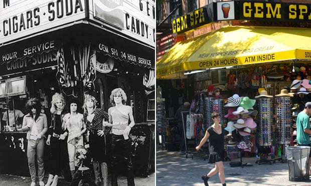 Composite of the rear cover of the New York Dolls 1973 album and the same sport in 2015 - Gem Spa, St Mark’s Place New York