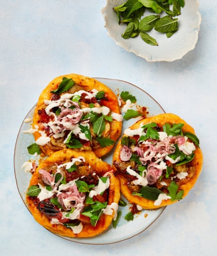 Yotam Ottolenghi’s spicy burnt aubergine flatbread with tahini.