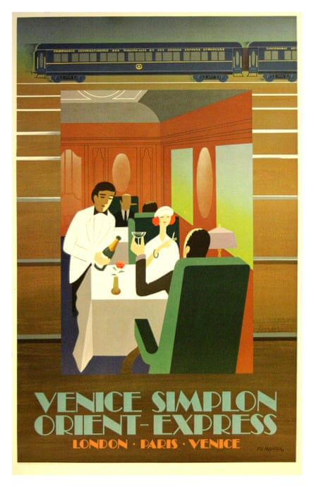 An art deco poster labelled ‘Venice Simplon Orient Express’ showing a man and a woman in the dining car being served by a waiter’