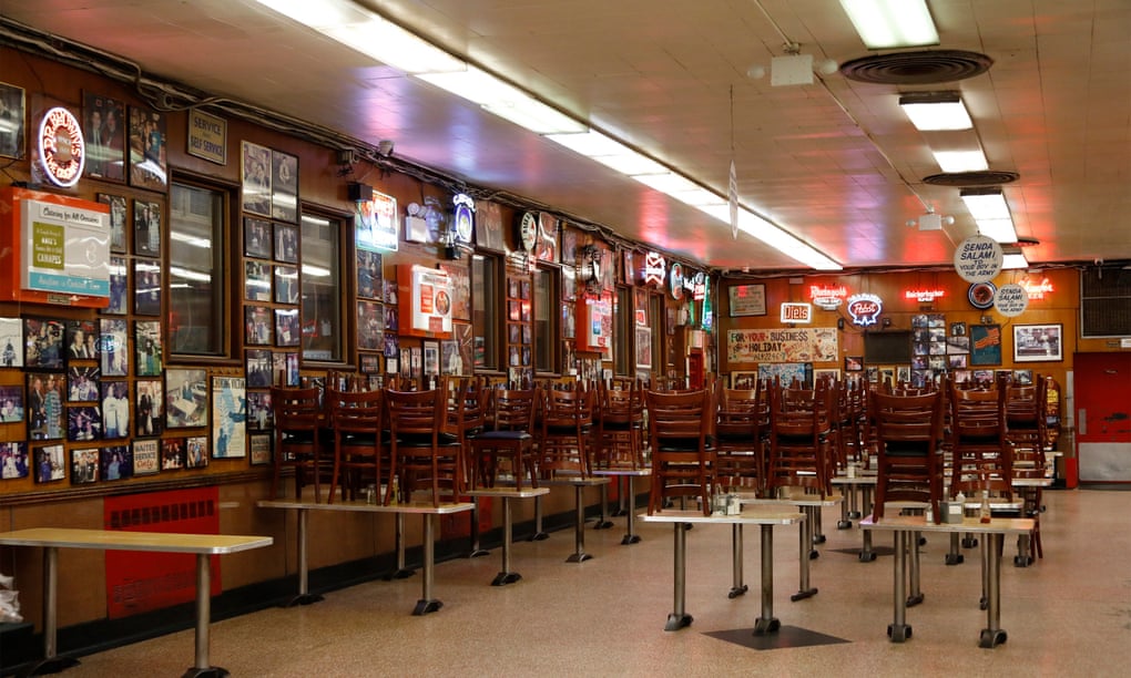 A nearly empty Katz’s Deli restaurant on the Lower East Side of New York.