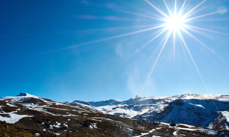 A ski resort in Granada, Spain, which was forced to use artificial snow cannons due to a lack of snow this winter.