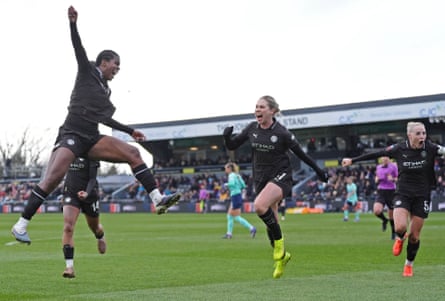 Manchester City's Khadija Shaw (left) celebrates scoring their side's second goal at London City Lionesses