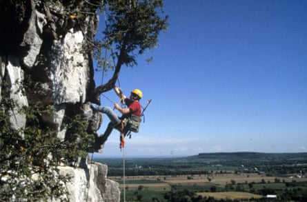 Man on climbing ropes going up a cliff face with trees growing out of it.