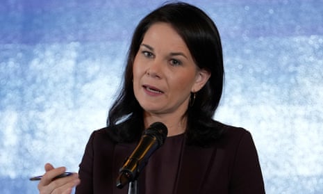 Annalena Baerbock speaks during a press briefing at a hotel in Beijing.