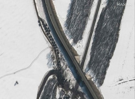 Maxar satellite image taken and released on February 20, 2022 shows an armour battalion heading south near Soloti, Russia.