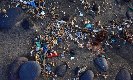 Microplastics and other pieces of rubbish in the sand in Lanzarote, Spain.
