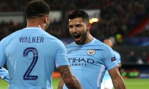 Sergio Agüero celebrates scoring against Feyenoord with his Manchester City team-mate Kyle Walker