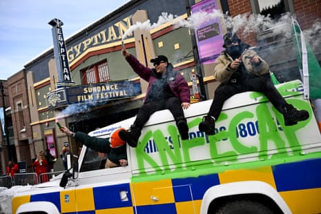 Winners of the coveted audience award … Kneecap at Sundance film festival on their PSNI Land Rover.