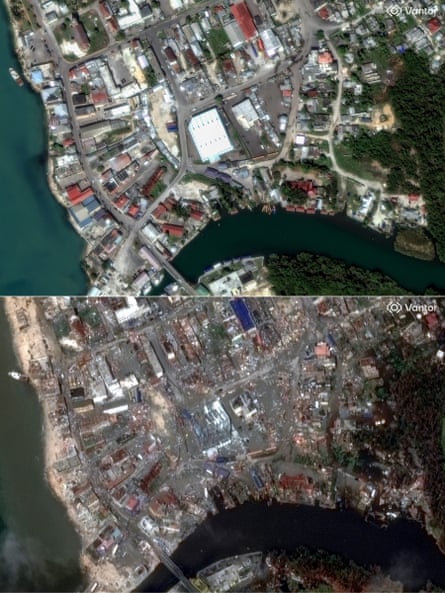 A combination picture showing the town of Black river in February 2025 (top) and on 29 October (below) after the arrival of Hurricane Melissa.