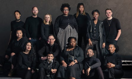 Natalie Ibu, centre with gingham skirt, with cast and creatives on The White Card, Northern Stage, Newcastle.