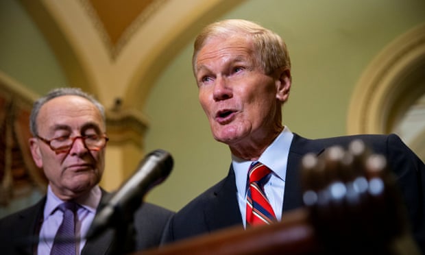 Democrats Chuck Schumer and Bill Nelson on Tuesday. Nelson, whose Senate race with Rick Scott is too close to call, called on Scott to recuse himself.