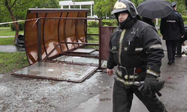 The scene of a fatality after a bus stop fell over in Moscow’s Kirovogradskaya Street.