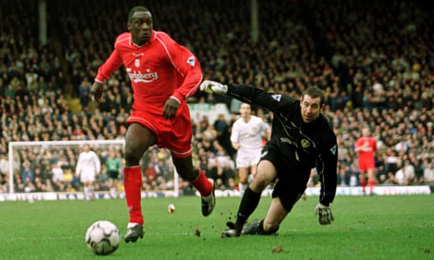 Emile Heskey goes round Nigel Martyn to put Liverpool 2-0 up at Elland Road in 2002.
