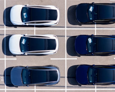 Drone view of Tesla Model Y electric vehicles