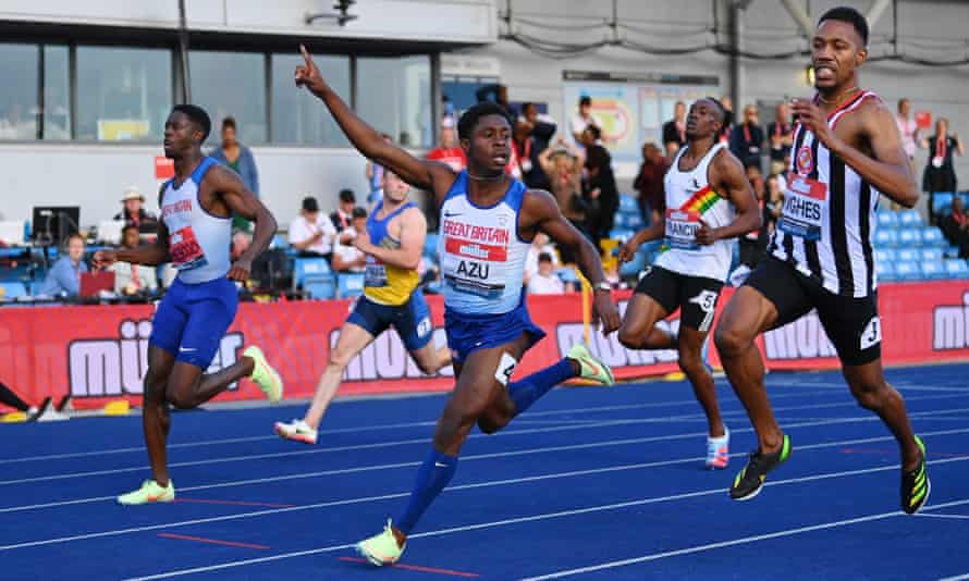 Jeremiah Azu celebrates winning the men’s 100m final