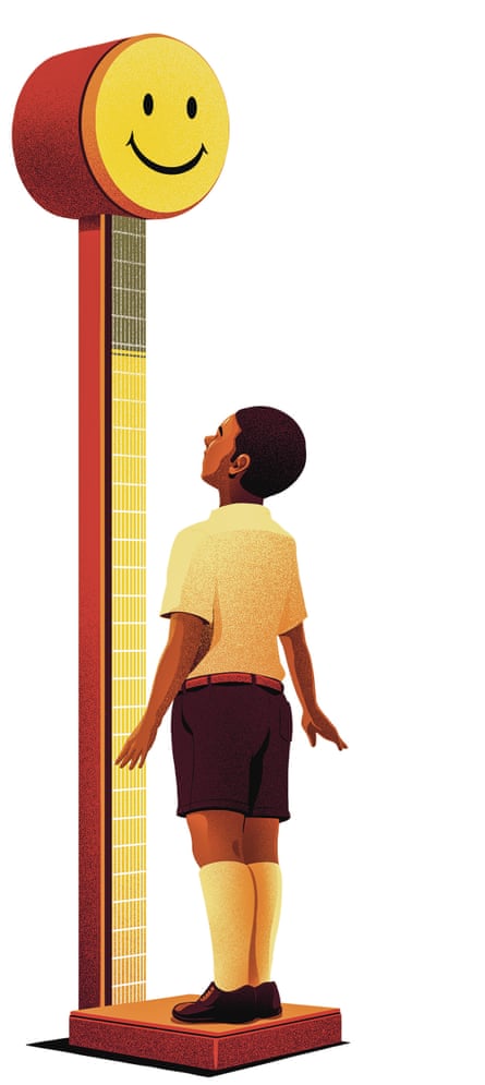 Illustration by Eric Chow of a boy measuring himself on set of a happiness scales