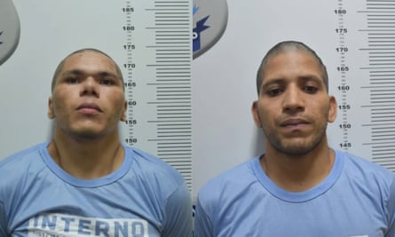 Mug shots of two young Latino men, with shaven heads and wearing matching sky-blue T-shirts.