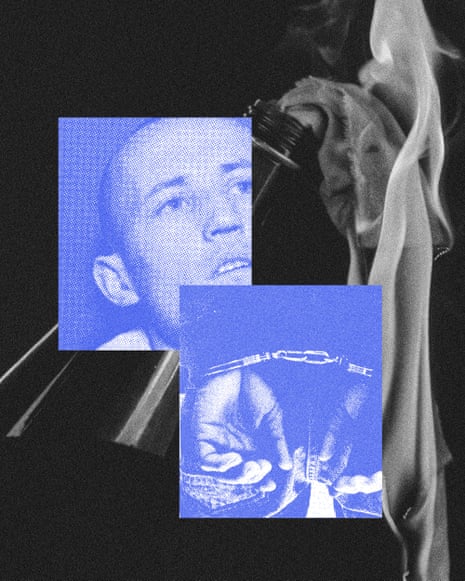 A black and white photo of a bottle with flames emerging, overlaid with a blue-tinted cropped image of a face and wrists in handcuffs