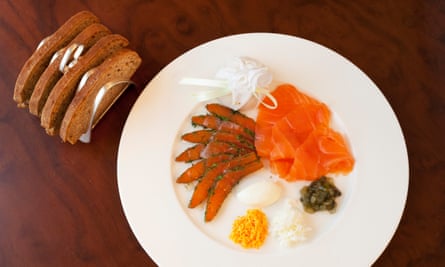 ‘Dense texture, light cure’: smoked salmon and gravadlax from the smoked fish trolley.