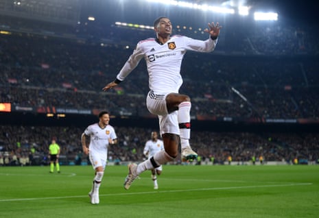 Barcelona 2-2 Manchester United: Europa League knockout round playoff, first leg – live reaction | Europa League 5 Marcus Rashford celebrates the second Manchester United goal
