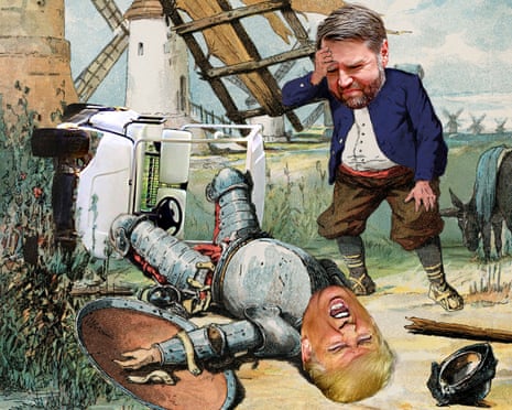 An illustration of a man in a suit of medieval armor lying on the ground next to an overturned golf cart. A broken spear lies on the ground near him after having pieced a large windmill, which has a torn sail. Another man looks down at him with one hand on his forehead. The scene is set on a dirt path with windmills and fields in the distance.